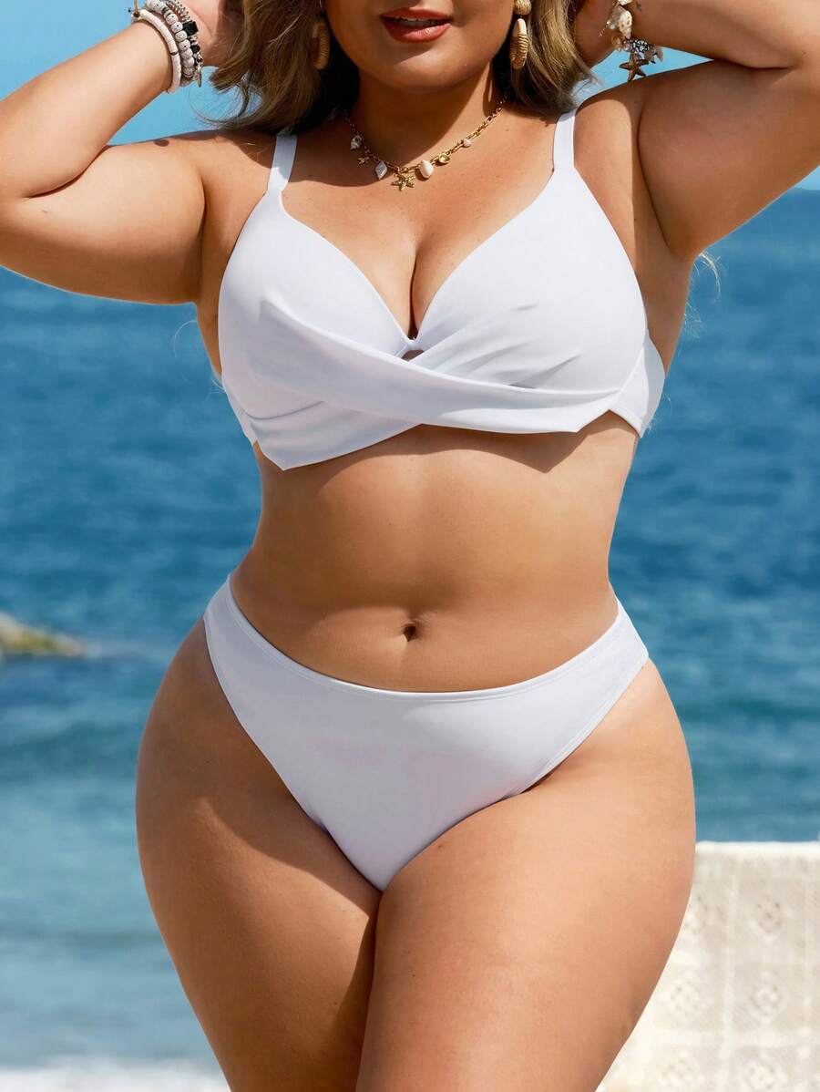 SHEIN Swim Curve Plus Size Women's Simple Solid Crisscross Front Tie Up Backless White Bikini Set, Suitable For Beach Holiday For Summer Beach Vacation