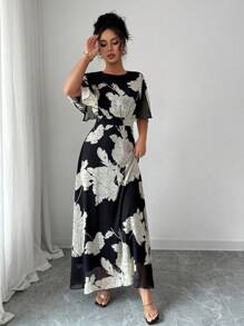 Modelyn Women's Elegant Spring/Summer Round Neck Ruffle Flare Sleeve Fitted Flowy Chiffon Dress - Black - View 6