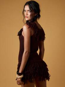 MISSGUIDED Mini Dress With Fringe Detail Western Style Bohemian Knit One Shoulder Party Festival Dance Sweater Dress Fall Winter Clubwear - Chocolate Brown - View 2