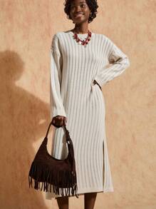 Bóhologie Robe pull longue de style bohème avec motif côtelé point lancé, couleur crème - Crème - Voir 4