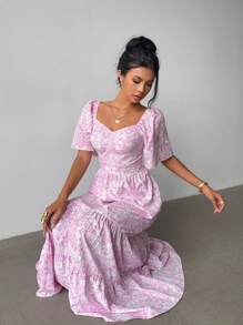 Selianne 夏季短袖海滩度假音乐节粉色碎花长裙