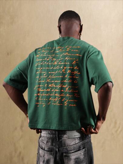 SUMWON 超大号棉质手写字体 T 恤，艺术书法背面印花，彰显街头风，秋冬时尚