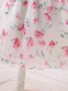 Glamorique Kids 女童花卉印花圆领泡泡袖轻盈柔软缎面花卉连衣裙，春夏 - 粉色 - 查看 6