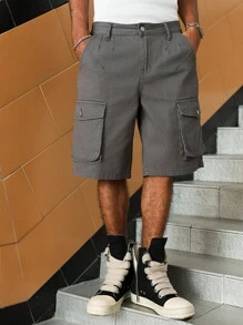 Manfinity Roghcode Pantalones cortos vaqueros informales sueltos de unicolor con bolsillo para hombre, de verano - Gris - Ver 5