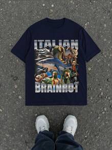 Men's Regular Fit "Brainrot" T-Shirt, "Dank Memes" T-Shirt, "Brainrot" Shirt, Unhinged Funny Meme Graphic Print Crew Neck Short Sleeve Casual American Minimalist T-Shirts, For Birthday - Navy Blue - View 1