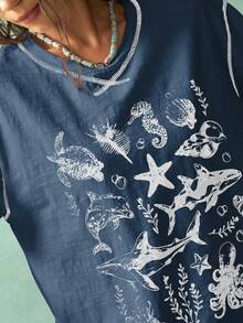 Bohemela Áo thun tay ngắn cổ tròn in hình đại dương mùa hè cho nữ - Màu xanh lam - Xem 7