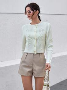 EURMUSE Kardigan z aplikacją kwiatową, zapinany na guziki, z okrągłym dekoltem i miękką dzianinową fakturą