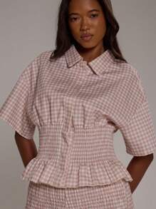 MUSERA Áo kiểu dáng rộng rãi, cổ bẻ, eo nhún, cài cúc, tay ngắn, thích hợp cho kỳ nghỉ, phong cách thập niên 90, Y2K, mặc hàng ngày, ngày lễ, áo babydoll, sân bay, mùa thu, trở lại trường học, thanh lịch, mùa xuân hè. - Màu Hồng baby - Xem 3