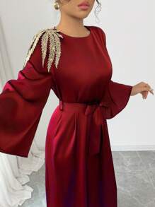 Rafferiza Vestido largo de satén con mangas largas, cuello redondo y cintura ajustada, corte holgado, con aplicación, vestimenta para damas árabes, bata, unicolor, elegante, apropiado para uso diario, Ramadán - Burdeos - Ver 5