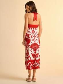 CAJUNI Damen Boho Orange & Weiß Tropischer Vogel & Blumendruck Twist Gestricktes Bodycon Urlaubskleid, Lässiges Sommer Blumendruck Sonnenkleid, Cut Out