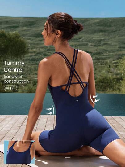 GLOWMODE Mono de una pieza con control de abdomen FeatherFit™ de 6 pulgadas, con tirantes cruzados y espalda abierta, para movimiento, soporte ligero y yoga de bajo impacto