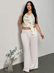 Firerie Plus Size Women's Spring Elegant Romantic Fashion Office Sexy Stylish Casual Dress Suitable For Party, Vacation, Date, Wedding, Birthday, Draped Neck Backless Tie Front Blouse - Apricot - View 3