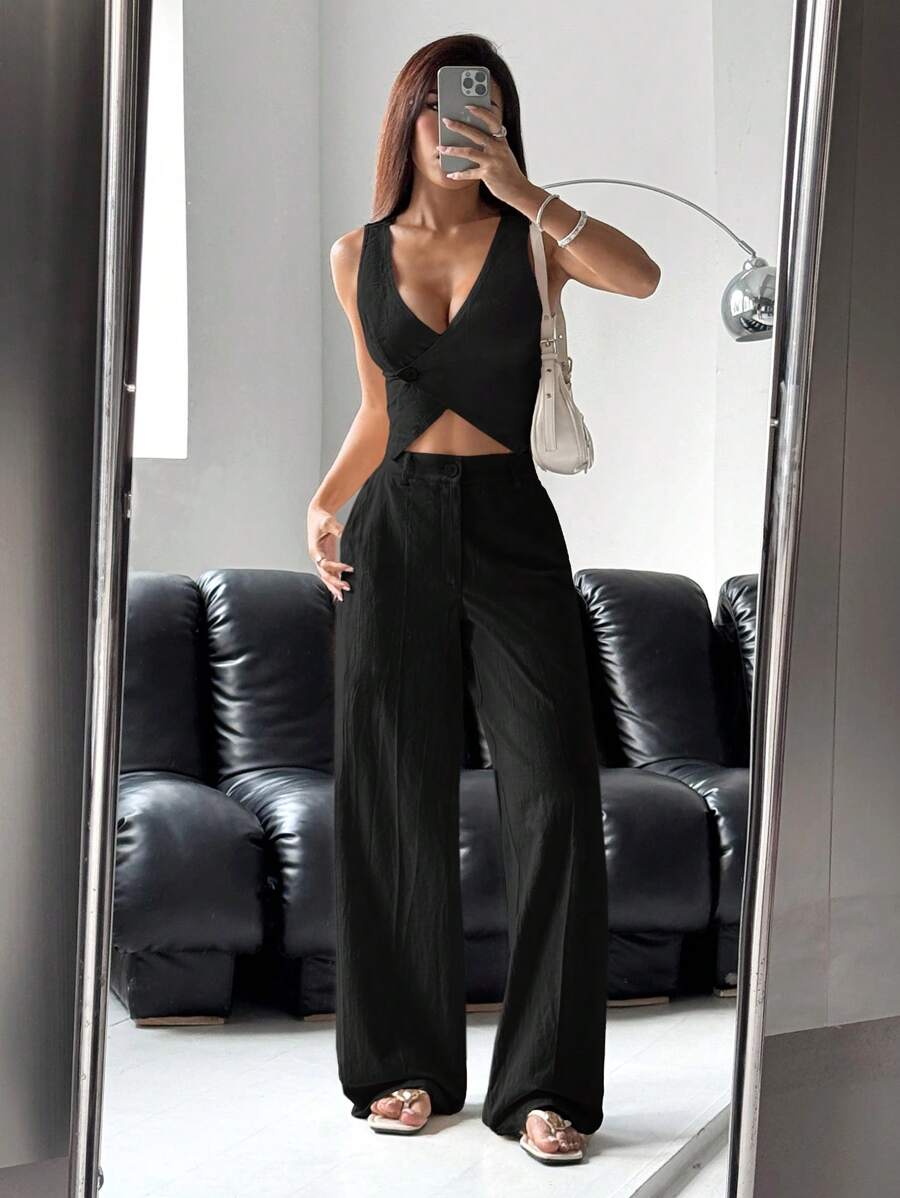 SHEIN EZwear 黑色休閒性感女款套裝,時尚適合夏季辦公室、夜晚外出、約會穿搭,秋冬女裝套裝 - 黑色 - 查看 1