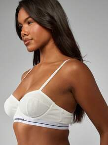 MISSGUIDED Ribbed Bralette Wireless Padded Cup Sports Bra Athleisure Workout Fitness Yoga Bra Branded Elastic Band Underwear - White - View 4