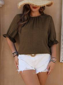 EMERY ROSE Plus Size Women Crew Neck Tie Sleeve Decorative Button Design Shirt - Coffee Brown - View 7