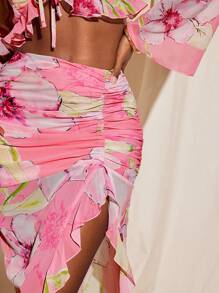 Becci Pink Floral Printed Chiffon Mid-Waist Ruched Ruffled Split Maxi Skirt Women Elegant Skirt