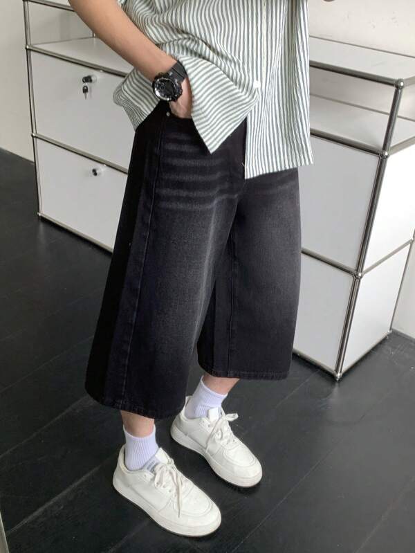 SHEIN Teen Boy Fashion Casual Vintage Y2K Style Loose Fit Black Bermuda Denim Jeans, Back To School Cute Clothes Outfits, Autumn For Kids Clothes Boys Costume Dailywear And Kids Summer And Spring Rave Outfits Festival And Beach Outfits Clothes Wide Leg Jeans Y2k Jeans
