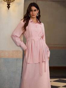 ZEYLAH Vestido camisa de manga larga convertible de lino con cuello