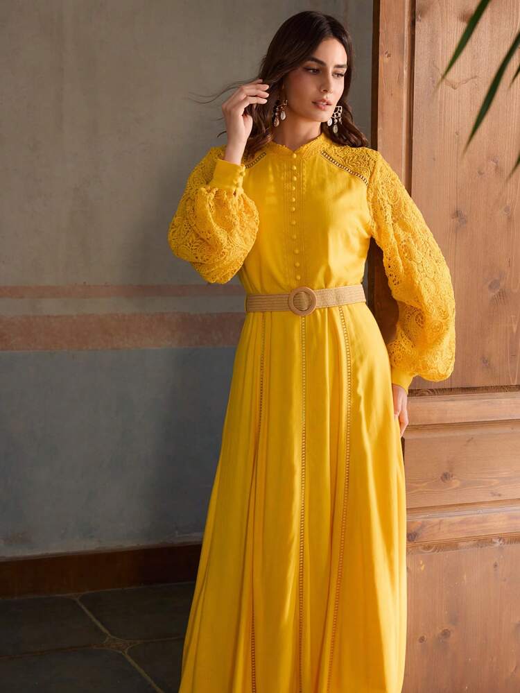 ZEYLAH Elegant Summer Linen Contrast Lace Lantern Sleeve Dress