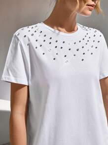 CLARA VERO Rhinestone Detail Round Neck Tee - White - View 2