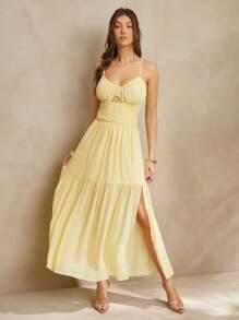 L'Amorae 女士镂空开衩长裙，后背系带细节，波西米亚风度假长裙，夏季连衣裙 - Butter Yellow - 查看 1