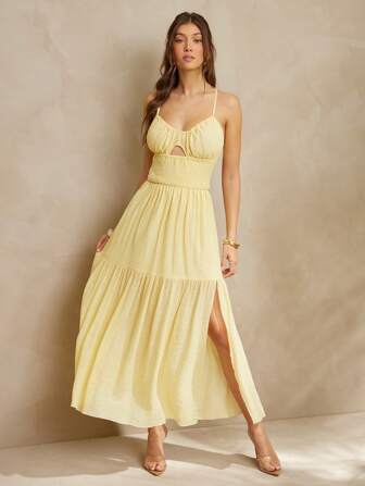 L'Amorae 女士镂空开衩长裙，后背系带细节，波西米亚风度假长裙，夏季连衣裙