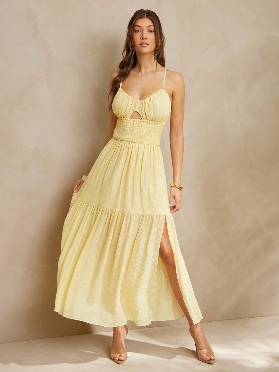 L'Amorae 女士镂空开衩长裙，后背系带细节，波西米亚风度假长裙，夏季连衣裙 - Butter Yellow - 查看 1
