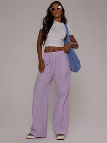 MUSERA 夏季纹理亚麻感系腰长裤度假机场 - 紫丁香色 - 查看 1