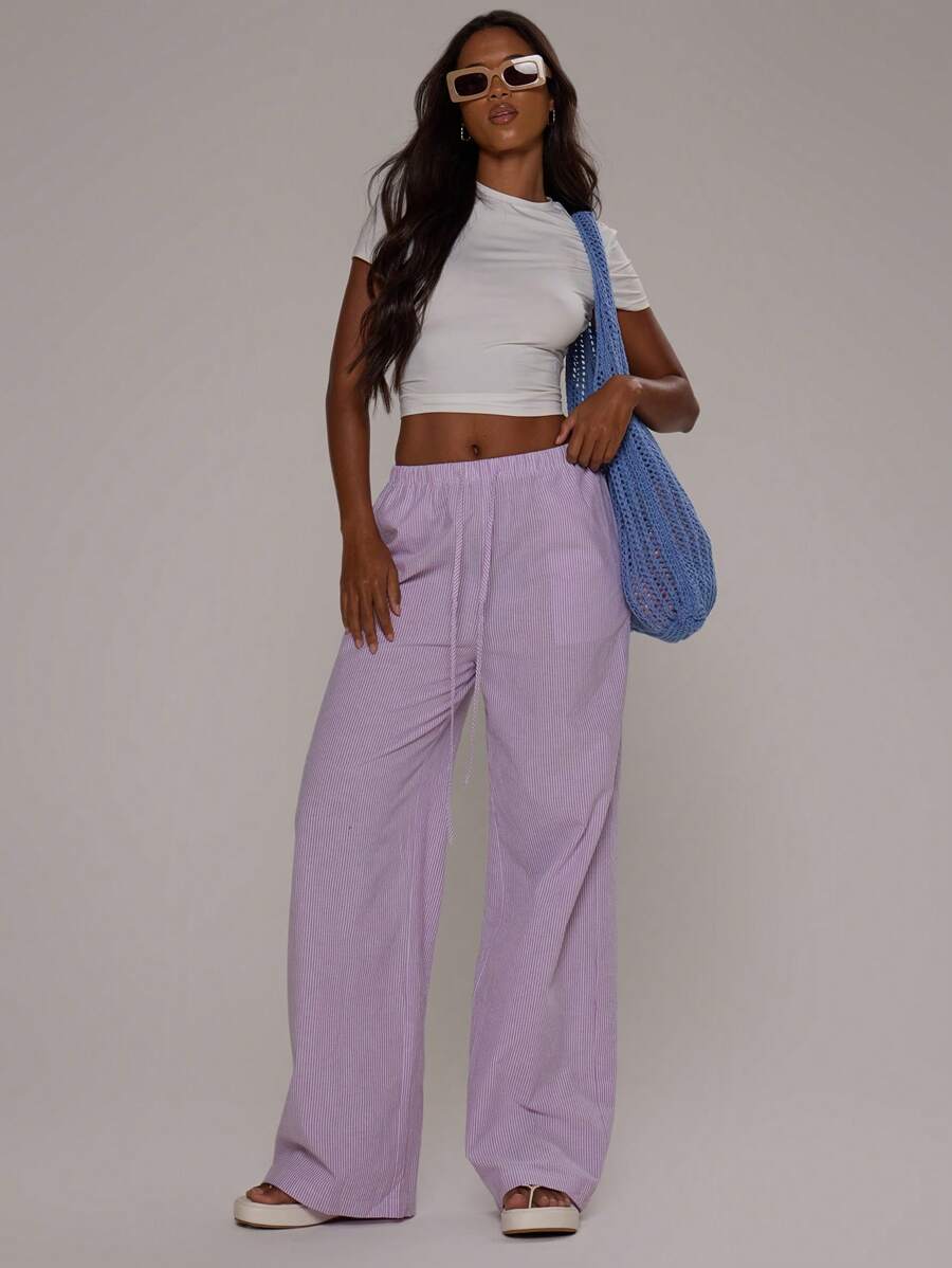 MUSERA 夏季纹理亚麻感系腰长裤度假机场 - 紫丁香色 - 查看 1