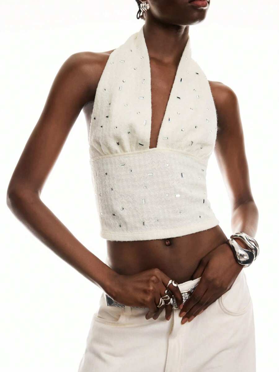 LYSMO Top halter de punto con strass para mujer - Nuevo lanzamiento primavera/verano 2025