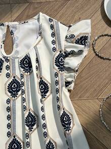 Flirla Blusa holgada con estampado retro y mangas cortas para tallas grandes de verano