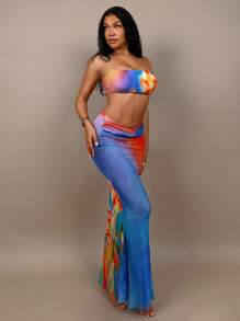 Swim Oasis Bohemian Style Women Printed Bikini Swimsuit With Long Cover Up Skirt Set, Suitable For Beach Vacation For Summer