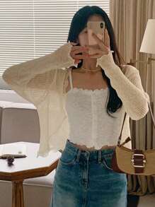 DAZY Women's Floral Sheer Ivory Pointelle Cardigan