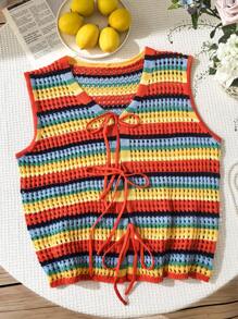 SHEIN EZwear Plus Size Rainbow Striped Loose Kimono Cardigan, Suitable For Summer Vacation - Multicolor - View 4