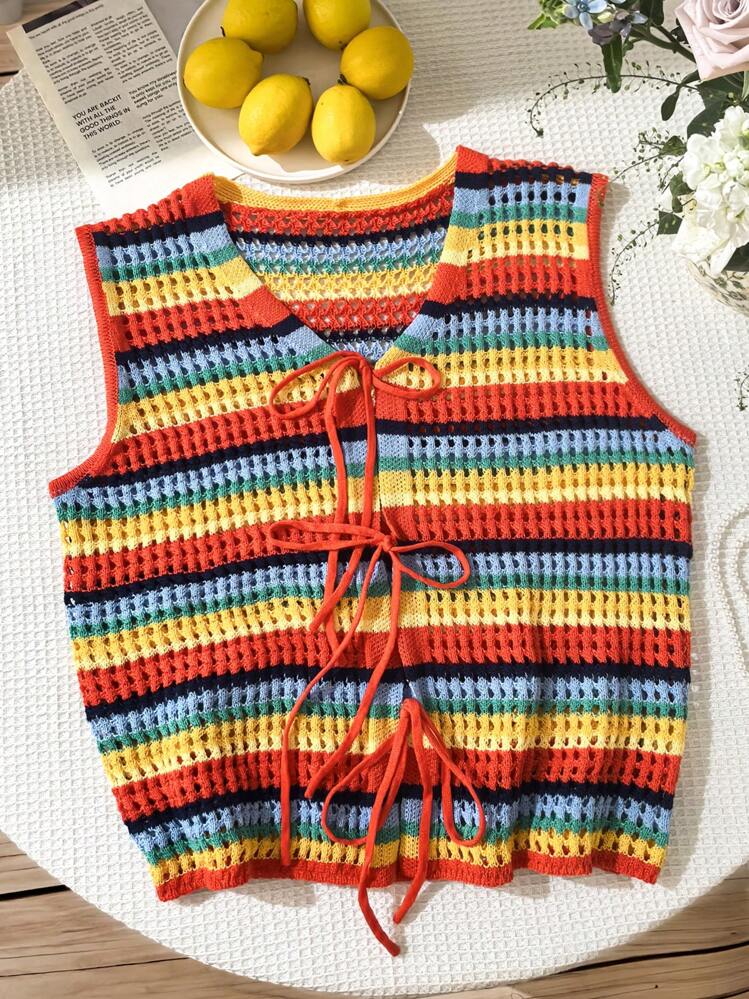 SHEIN EZwear Kimono/Cárdigan holgado con rayas arcoíris, adecuado para vacaciones de verano, tallas grandes - Multicolor - Añade 4