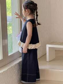 DAZY Young Girls Round Neck 2 In 1 Flower Bud Sleeveless Shirt + Loose Casual Denim Suit,Girls Summer Outfits - Royal Blue - View 5