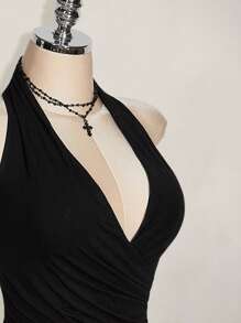 SHEIN ICON Plus Size Wrap Ruched Black Asymmetric Hem Halter Top For Women, Y2K Style, Suitable For Summer, Daily Wear,Club Sexy,Going Out Tops - Black - View 3