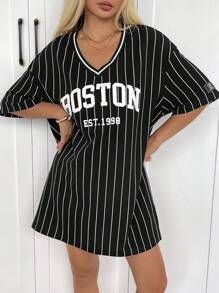 SHEIN EZwear Vestido deportivo con cuello en V, estampado de rayas y letras