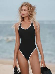 Swim SPRTY 全新女式夏季无袖露背交叉肩带撞色边黑白性感休闲度假连体泳衣 - 黑與白 - 查看 5