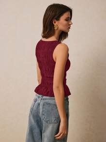 Poéselle 女式夏季纯色褶皱圆领荷叶边下摆时尚吊带背心 - 酒紅色 - 查看 2