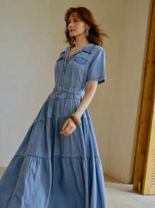 MOTF PREMIUM BELTED BUTTON UP SHORT SLEEVE DENIM DRESS - Blue - View 7