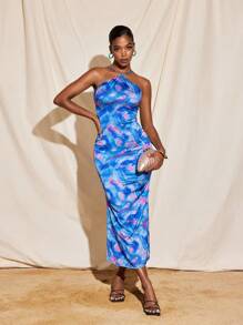 CHAIMA All-Over Blue Printed Satin Halter Flared Hem Midi Dress Women Elegant Sexy Vacation Party - Blue - View 6