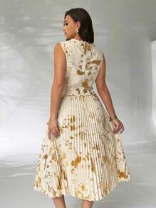 Firerie Conjunto de top sin mangas con cuello redondo y falda plisada holgada con estampado aleatorio de lámina de oro elegante y casual para vacaciones en talla grande, para primavera/verano