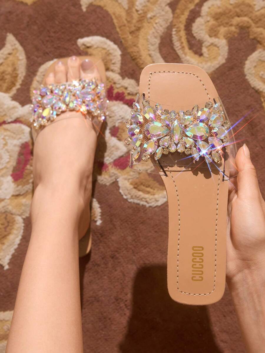 CUCCOO TILAWA 女士户外棕色方头宝石装饰单带拖鞋凉鞋夏季度假鞋夏季促销返校鞋大学生鞋圣诞秋季新年假期 - 彩色 - 查看 1