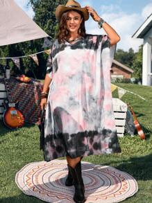 EMERY ROSE Plus Size Casual Tie Dye Flutter Sleeve Dress,White Summer Boho Party Vacation Holiday Beach Outfits For Woman,Country Concert Outfit,Western Wear - Multicolor - View 1