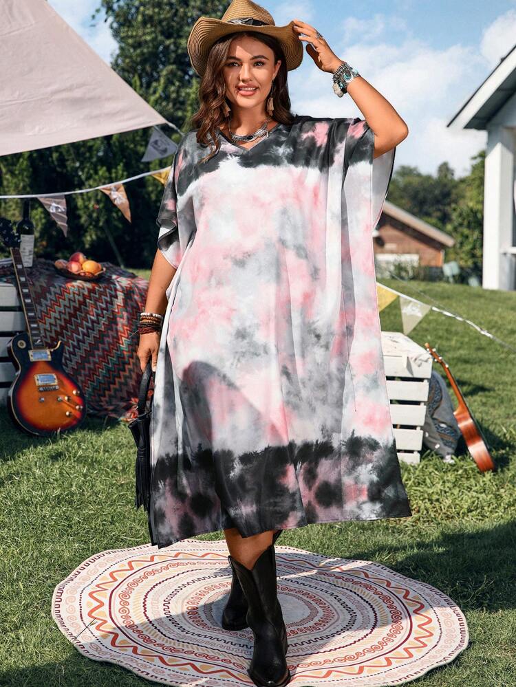 Vestido Casual com Mangas Flutuantes e Tie Dye Plus Size, Estilo Casual de Férias, Looks de Praia para Mulheres, Para Férias de Verão, Looks de Show de País, Roupas Boêmias, Looks de Férias, Vestuário Ocidental Feminino Plus Size, Vestidos para Festas Femininos