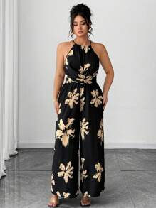 Elenzga Plus Size Women's Floral All-Over Print Sleeveless Casual Jumpsuit, Summer