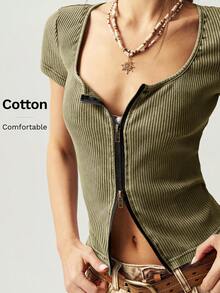 Bohemela Women Casual Plain Square Neck Short Sleeve Fitted Wash Knitted T-Shirt Women Knit Tops Fitted Tops Zip Up Tops Ribbed Tops Summer Tops - Army Green - View 1