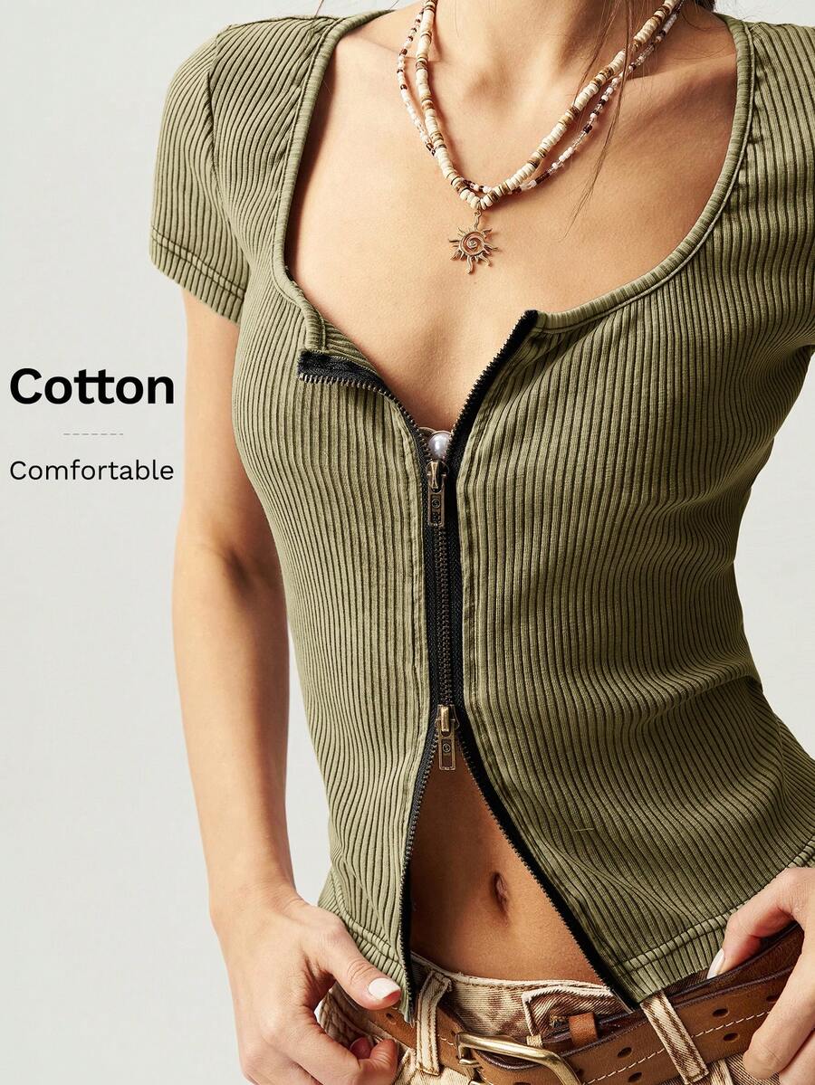 Bohemela Women Casual Plain Square Neck Short Sleeve Fitted Wash Knitted T-Shirt Women Knit Tops Fitted Tops Zip Up Tops Ribbed Tops Summer Tops - Army Green - View 1