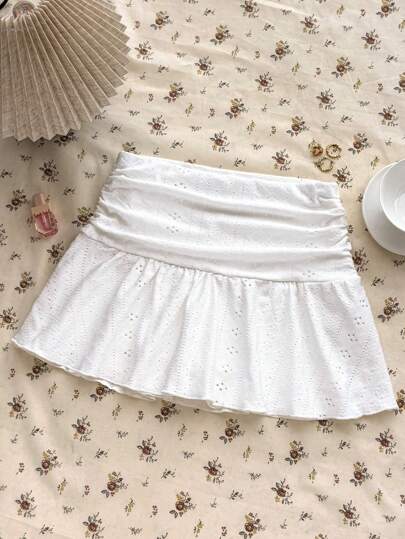 Teen Girls Casual White Knit Hollow Textured Ruched A-Line Mini Skirt, Versatile For Summer Kids White Skirt Tween White Skirt Fall Winter